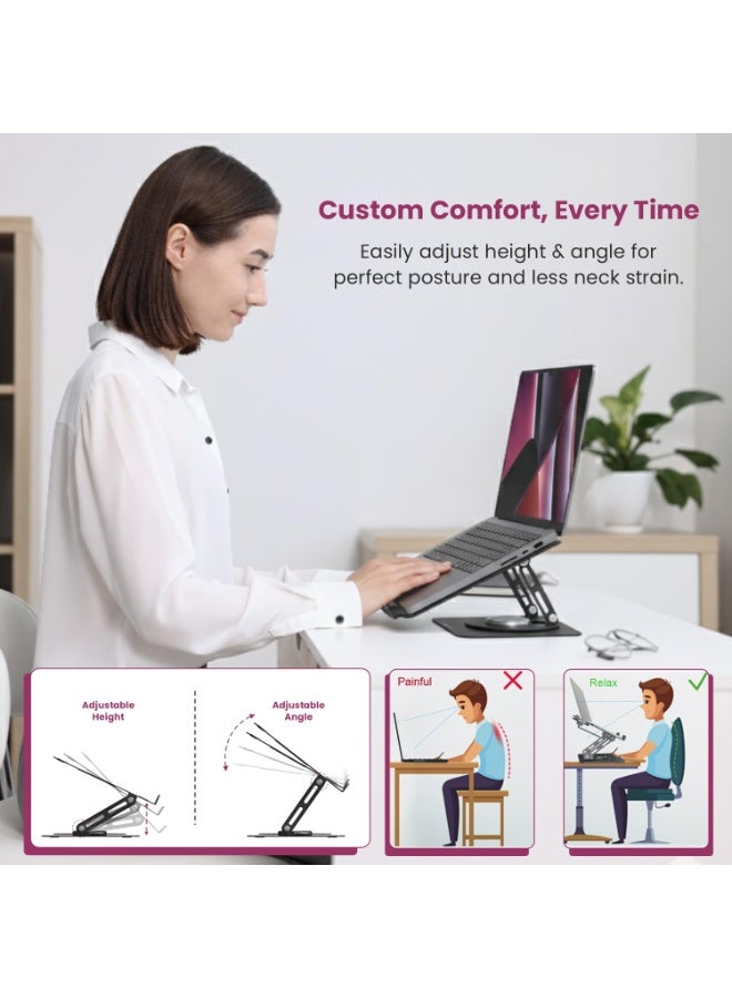 بورترونيكس Portronics My Buddy K9 Lite, Height Adjustable Laptop Stand with 360° Rotating Base, Carbon Steel Build, Anti-Slip Pads, Cooling Vent, Supports 15.6” Laptops, for Work from Home & Office Use (Black) - Image 4